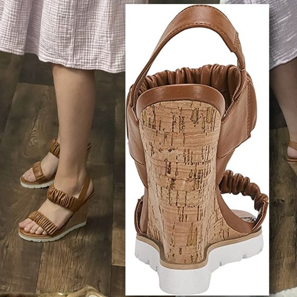 PIEPIEBUY Flirty Ruched Faux Leather High Cork Wedge Sandals   NEW IN BOX! - Picture 3 of 8